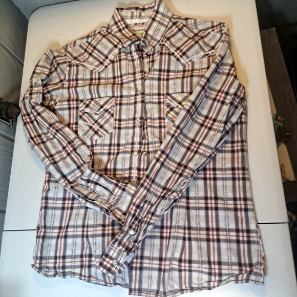 Panhandle Tops - Panhandle Rough Stock Shirt Womens Size S Red White Plaid Pearl Snap Western